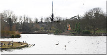 TQ3470 : Lake at Crystal Palace - with various 'prehistoric animals' in the surrounding area by Chris L L