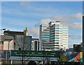 The Mercure Hotel and railway bridge over the A4161, Cardiff.