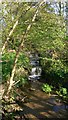 Waterfall from pond seen from footbridge over channel