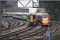 TQ2878 : Trains Outside Victoria Station, London by Peter Trimming