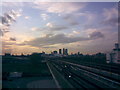 View of Canary Wharf from the DLR platform at Pontoon Dock Station