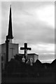 M3982 : Knock - Cross & Basilica spire against sky by Joseph Mischyshyn