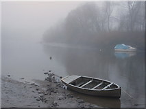 SJ4065 : Fishing boat on the River Dee in the fog by John S Turner