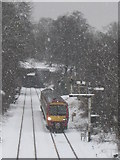 NN7800 : Dunblane in Winter: The train from Glasgow waits to enter the station. by Robert Smallman