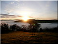 SO0740 : View from field above Llywdallt across valley at sunrise by Anne Patterson