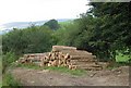 Timber stacked by the side of the footpath under Lype Hill