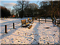 Seats in the snow on the northern edge of Rollesby Broad