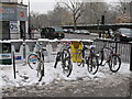 Cycle stands in snow, Queensway