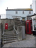 SY3492 : Lyme Regis: postbox and phone box at town centre steps by Chris Downer