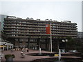 Block of flats straddling the water, Barbican Centre courtyard