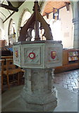TQ9245 : The font in the church of St. Nicholas, Pluckley. by pam fray