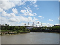 TQ3981 : View of the O2 from the riverside path opposite Bow Creek #2 by Robert Lamb