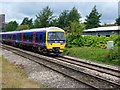 SU4866 : Train approaching, Newbury Racecourse Station, Berkshire by Christine Matthews