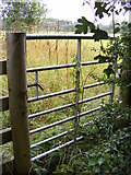 TM1958 : Gate of the footpath to the B1077 & Paris Farm by Geographer