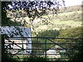 Mottistone Down and farm buildings seen through gate