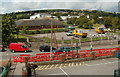 Caerphilly schools and leisure centre viewed from a footbridge