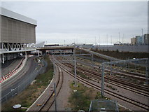 TQ3884 : Plethora of railway lines into Stratford, viewed from Westfield Way by Robert Lamb