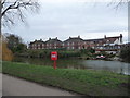 Houses and a pub in Longden Coleham from over the Severn in Shrewsbury