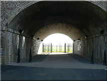 SJ3965 : Looking through the arch of the railway bridge to the Roodee Racecourse by Eirian Evans