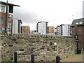 Angled stone wall by Sheffield Basin lock