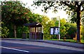 Bus shelter, notice board, bus stop & seat, Perry Hill, Worplesdon