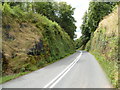 Road to the Clytha Arms ascends through a cutting