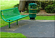 R4646 : Adare - Main Street - Town Park - Green Bench & Round Litter Container by Joseph Mischyshyn