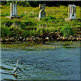 R3377 : Ennis - River Fergus Downstream Walk - Egret/Heron and Three Sculptures by Joseph Mischyshyn