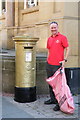 SK3587 : Jess' Golden Post Box complete with Postman, Barker's Pool, Sheffield by Terry Robinson