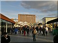 Overpass from Westfield Shopping Centre, Stratford, across  railway platforms