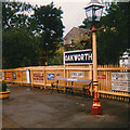 SE0338 : Signs at Oakworth station, Keighley and Worth Valley Railway by Phil Champion