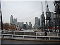 TQ3879 : View of Canary Wharf and South Quay from The Blue Bridge by Robert Lamb