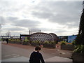 View of a sculpture outside the O2 from the path to the Emirates Air Line