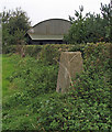 Trig point, hedge and barn