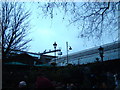 View of the roof of Borough Market and the railway viaduct on Stoney Street from outside Southwark Cathedral