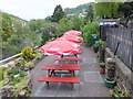 Red tables in a row