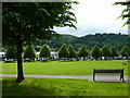 Looking across the park to the shops, Risca