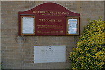 TQ3866 : West Wickham: church of St Francis of Assisi, foundation stone and notice by Christopher Hilton