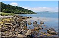 NR9868 : Typical boulder and shingle shore in the Kyles of Bute by Alan Reid