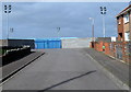 SS7589 : Blue gates and floodlights at the eastern edge of the Remax Stadium in Port Talbot by Jaggery