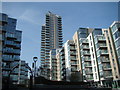 View of Aqua Apartments and Riverside Gardens from the New River Walkway