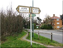 TQ4777 : Vintage road signs on the A206, West Heath by Chris Whippet