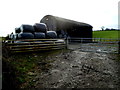 ST3696 : Black plastic bales and a black barn near Llangybi by Jaggery