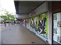 Graffiti on a boarded up shopfront in Crawley town centre