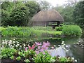 SU3738 : Thatched summerhouse in Longstock water gardens by Dr Duncan Pepper