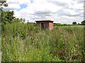 Small brick building in overgrown compound