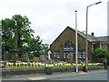 Greetland churchyard railings decorated for the Tour de France