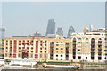 View of the Cheese Grater, Tower 42 and the Gherkin from the Thames Path