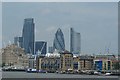 TQ3479 : View of the Heron Tower, Gherkin and Broadgate Tower from the Thames Path by Robert Lamb