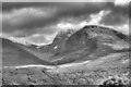 NN1572 : Monochrome image showing rock formations on Ben Nevis by Doug Lee